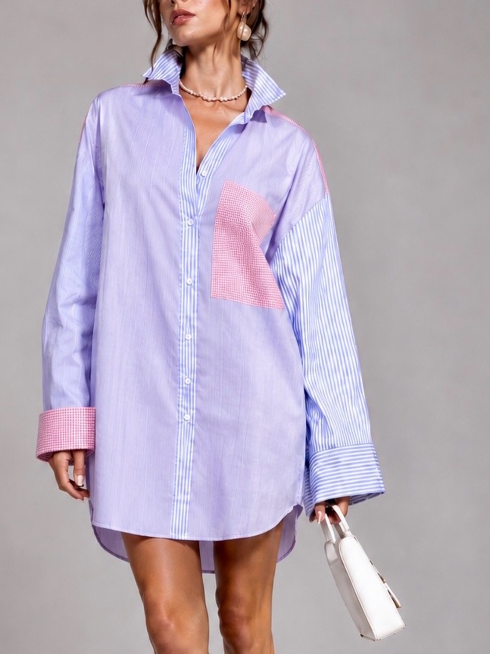 GEEGEE Oversized Blue & Pink Striped Button Down Shirt Dress w Chest Pocket